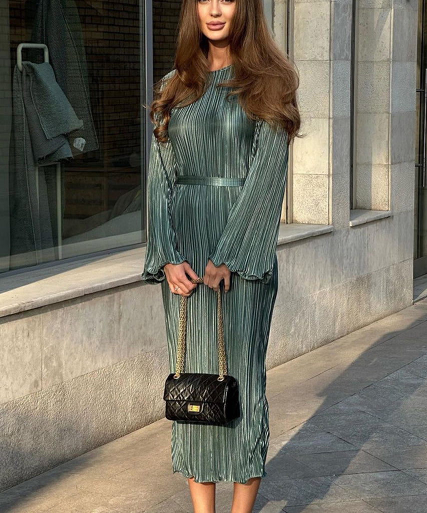 Elegant Lace-Up Pleated Flared Dress with Long Sleeves