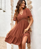 Solid Color V-Neck Dress With Lotus Sleeves for Effortless Style