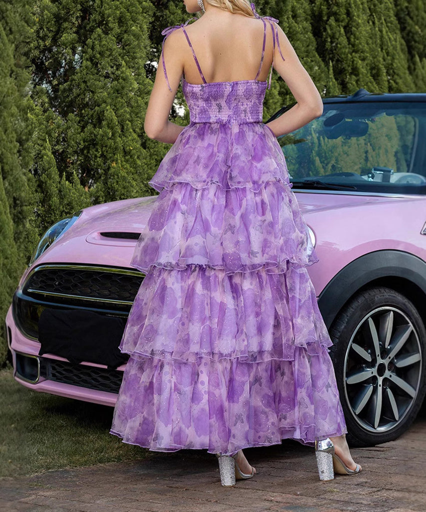 Vibrant Printed Dress With Flounder Cake Skirt in Grenadine