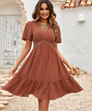 Solid Color V-Neck Dress With Lotus Sleeves for Effortless Style