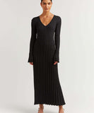 V-Neck Striped Knitted Skirt with Long Sleeves