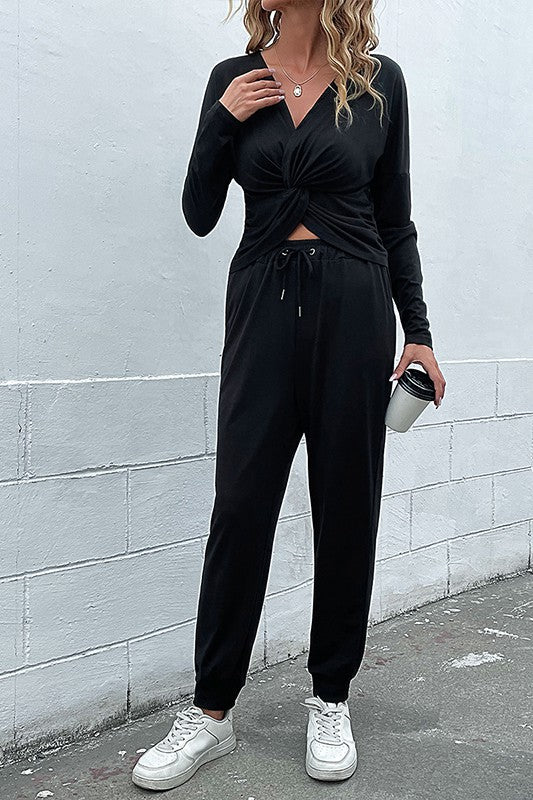 Chic Knotted Drawstring Hoodie and Pants Lounge Set