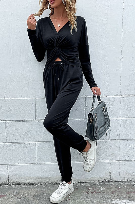 Chic Knotted Drawstring Hoodie and Pants Lounge Set