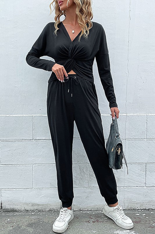 Chic Knotted Drawstring Hoodie and Pants Lounge Set