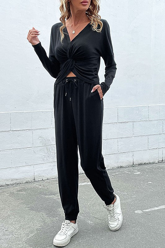 Chic Knotted Drawstring Hoodie and Pants Lounge Set