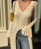 Elegant Acrylic Wool Cardigan with Flared Hollow Sleeves