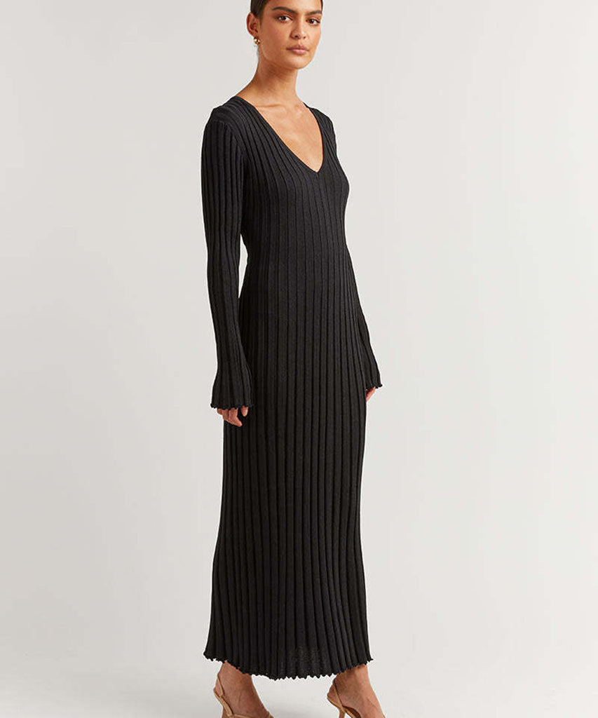 V-Neck Striped Knitted Skirt with Long Sleeves