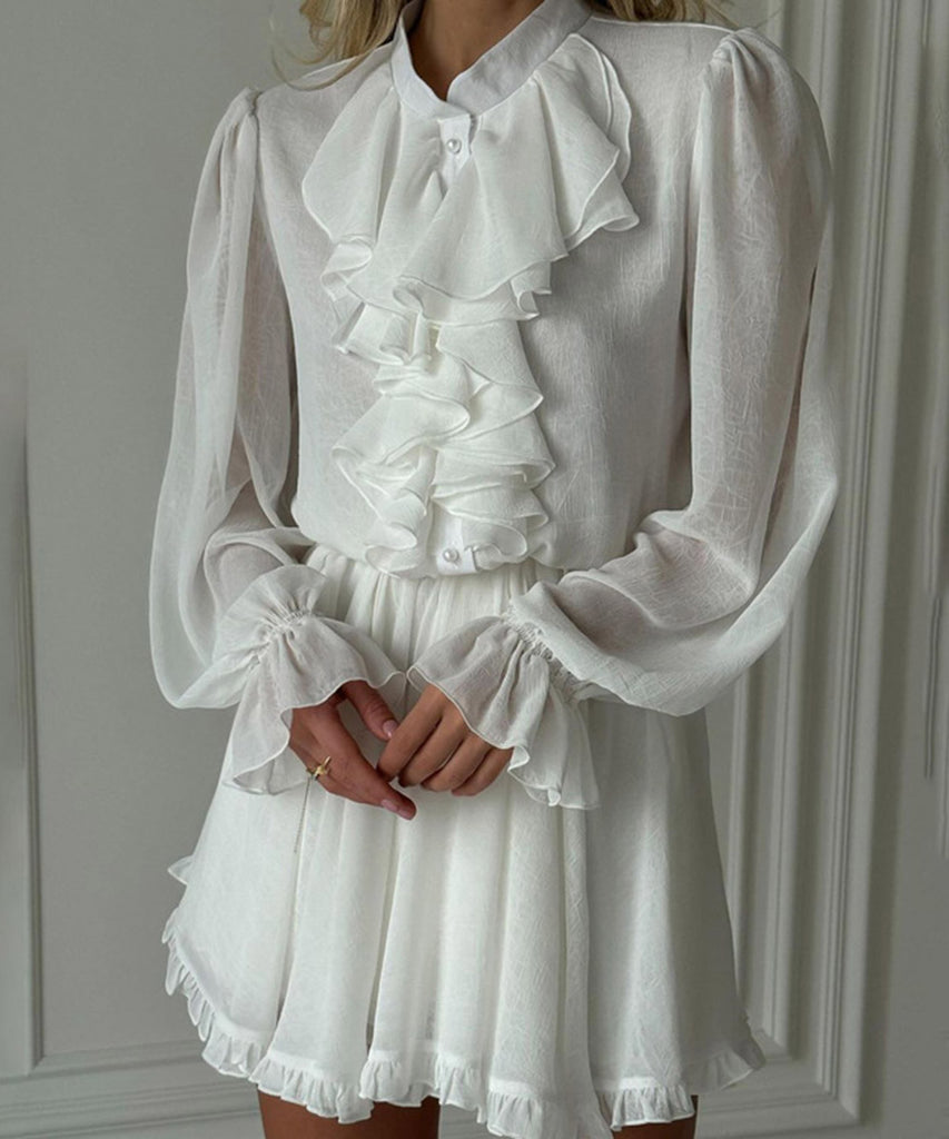 Chic Peplum Stand Collar Long Sleeve Elastic Waist A-Line Skirt