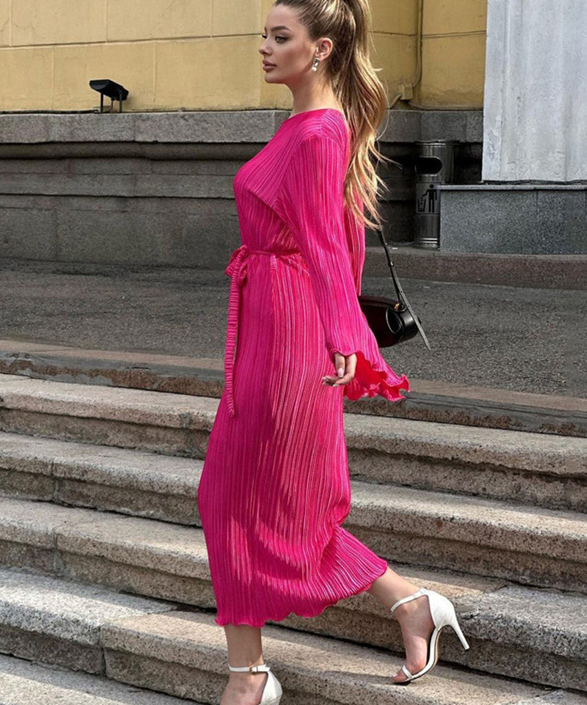 Elegant Lace-Up Pleated Flared Dress with Long Sleeves