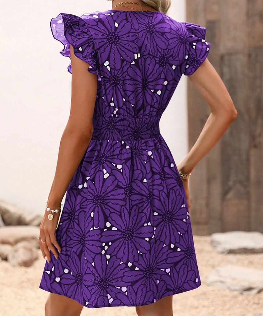 V-Neck Waist Sexy Big Flower Ruffled Sleeveless Dress Delight