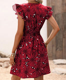 V-Neck Waist Sexy Big Flower Ruffled Sleeveless Dress Delight