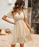 Solid Color V-Neck Dress With Lotus Sleeves for Effortless Style