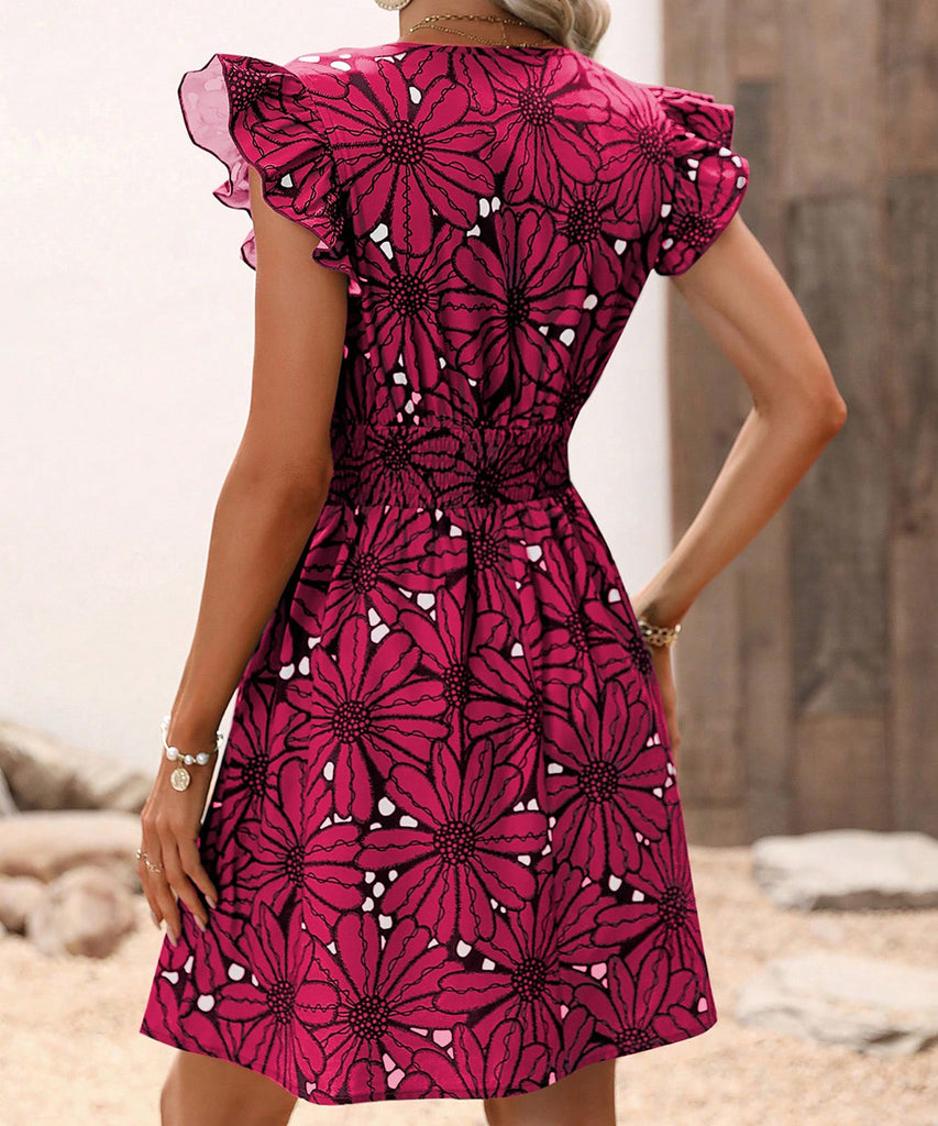 V-Neck Waist Sexy Big Flower Ruffled Sleeveless Dress Delight