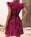 V-Neck Waist Sexy Big Flower Ruffled Sleeveless Dress Delight