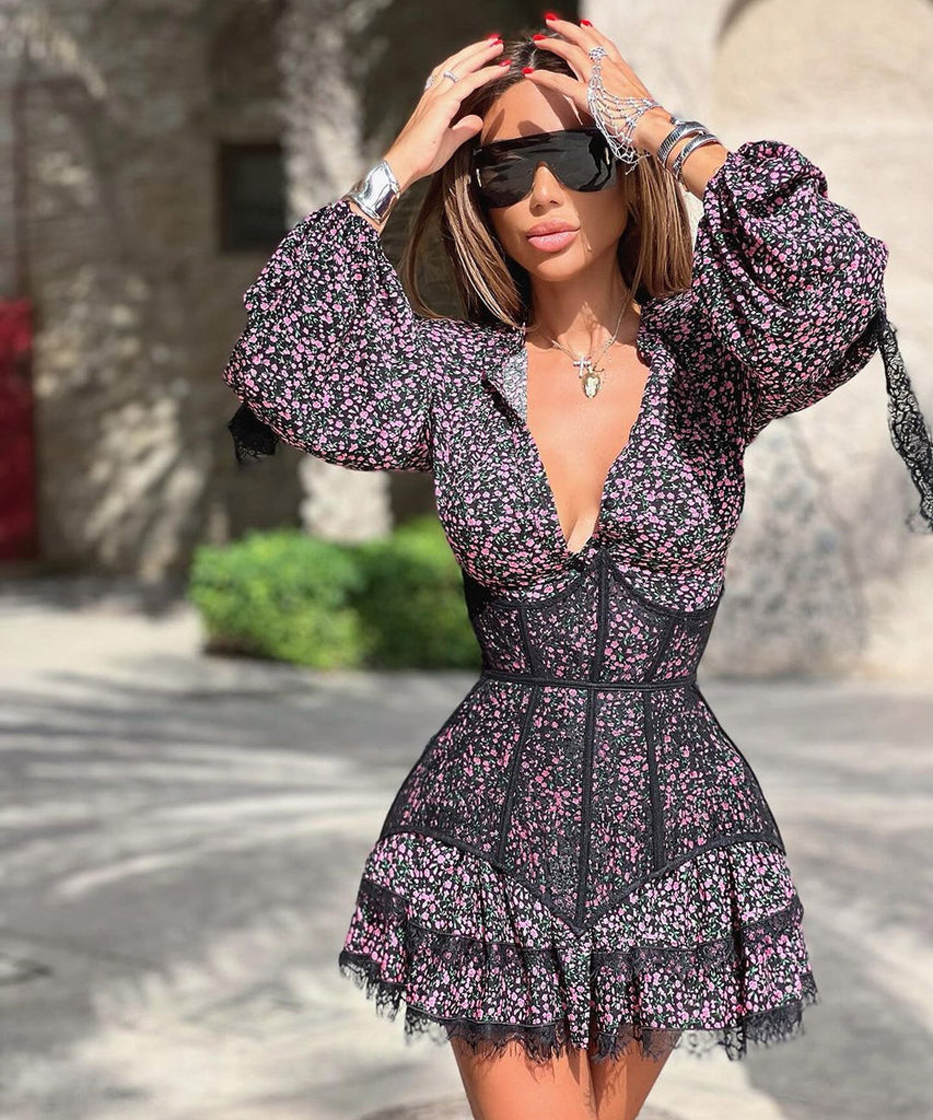Chic Printed Waist Long Sleeve Short Lace Dress in Purple Pink