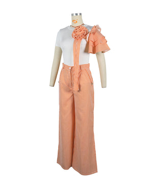 Chic Crew-Neck Short-Sleeved Striped Wide-Leg Pants Set
