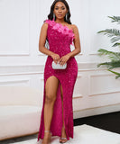 Glamour Skew Neckline High-Waisted Slit Sequin Dress Elegance