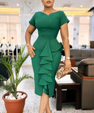 Chic Short Sleeved Solid Color Dress With Hip Ruffles Magic