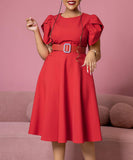 Chic Round Neck Fashion Solid Color Pleated Swing Dress Stylish
