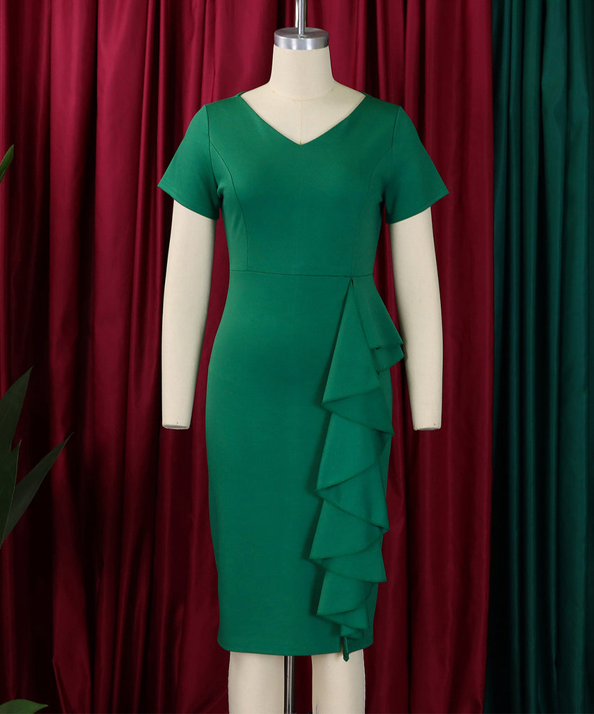 Chic Short Sleeved Solid Color Dress With Hip Ruffles Magic