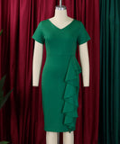 Chic Short Sleeved Solid Color Dress With Hip Ruffles Magic