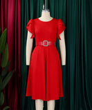 Chic Round Neck Fashion Solid Color Pleated Swing Dress Stylish