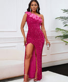 Glamour Skew Neckline High-Waisted Slit Sequin Dress Elegance