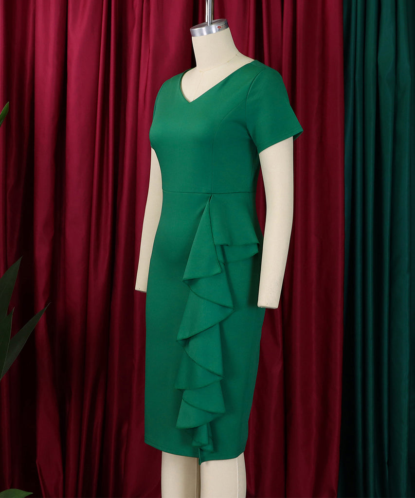 Chic Short Sleeved Solid Color Dress With Hip Ruffles Magic