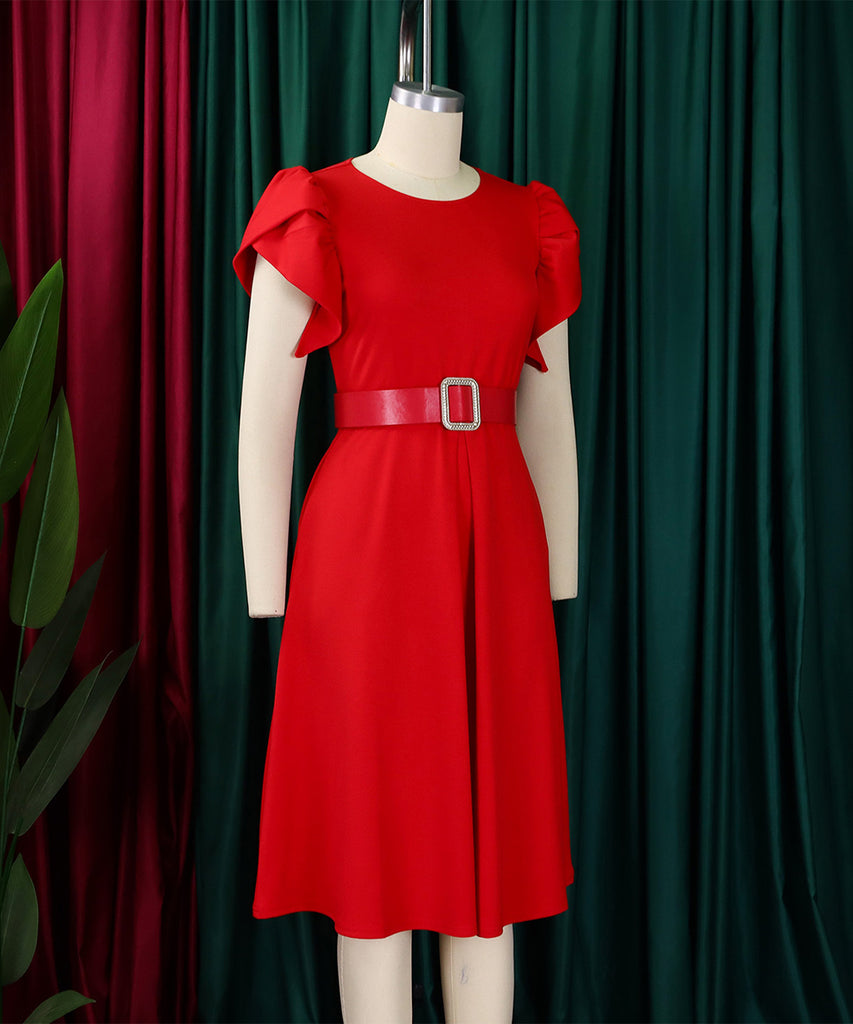 Chic Round Neck Fashion Solid Color Pleated Swing Dress Stylish