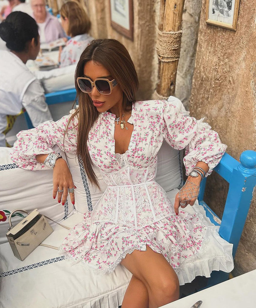 Chic Printed Waist Long Sleeve Short Lace Dress in Purple Pink