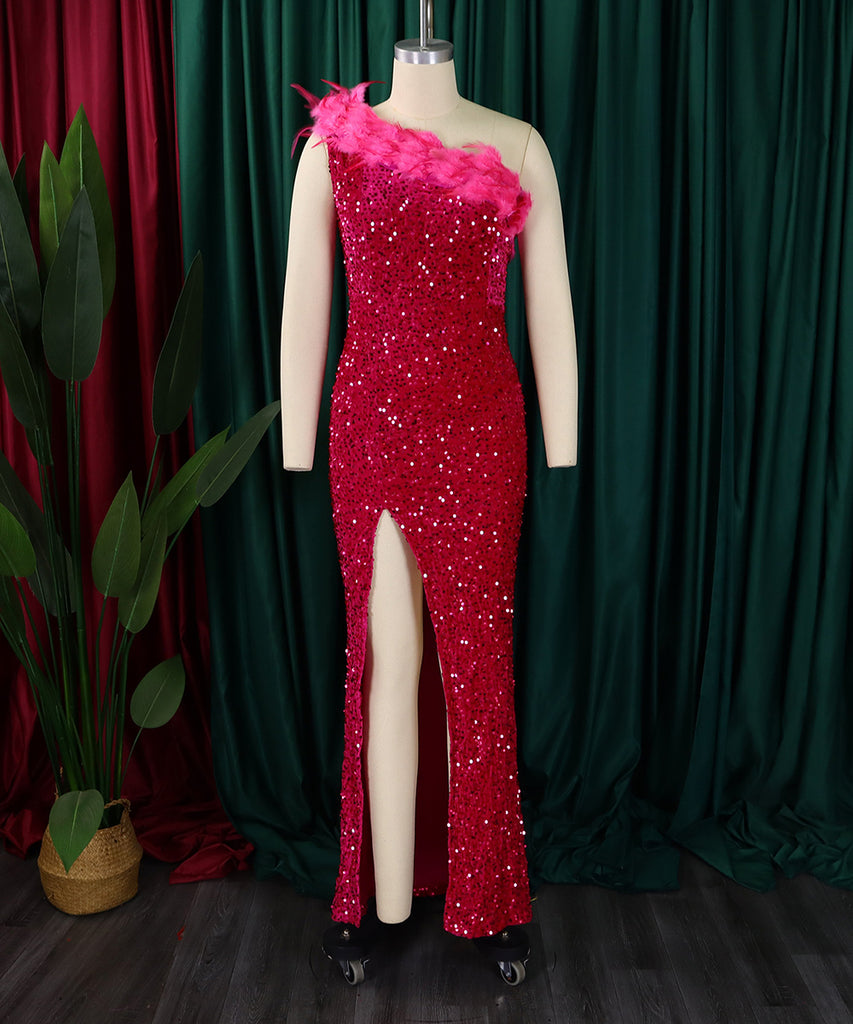 Glamour Skew Neckline High-Waisted Slit Sequin Dress Elegance