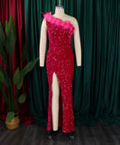Glamour Skew Neckline High-Waisted Slit Sequin Dress Elegance