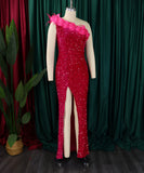 Glamour Skew Neckline High-Waisted Slit Sequin Dress Elegance