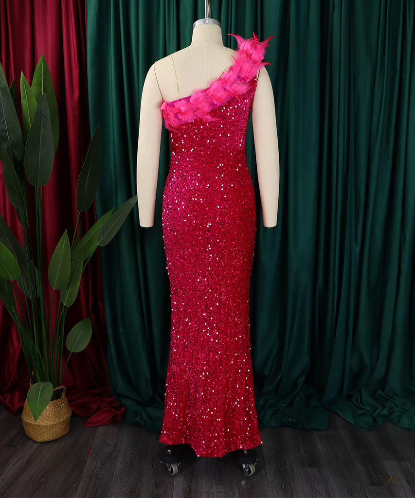 Glamour Skew Neckline High-Waisted Slit Sequin Dress Elegance