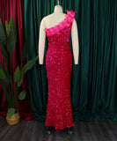 Glamour Skew Neckline High-Waisted Slit Sequin Dress Elegance