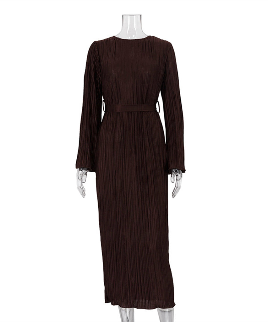 Elegant Lace-Up Pleated Flared Dress with Long Sleeves