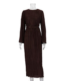 Elegant Lace-Up Pleated Flared Dress with Long Sleeves