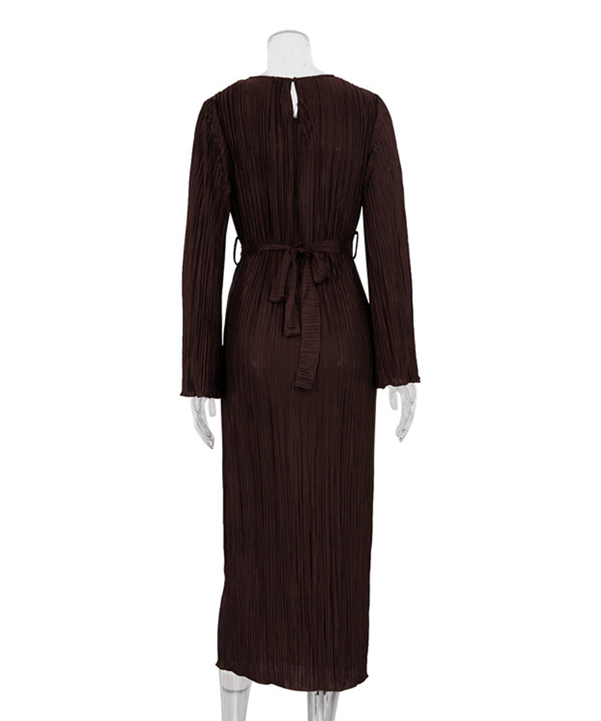 Elegant Lace-Up Pleated Flared Dress with Long Sleeves