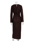 Elegant Lace-Up Pleated Flared Dress with Long Sleeves