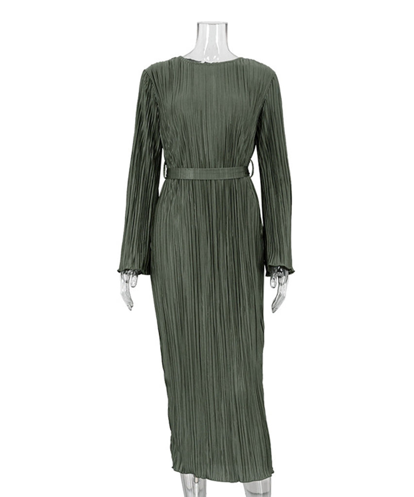 Elegant Lace-Up Pleated Flared Dress with Long Sleeves