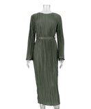 Elegant Lace-Up Pleated Flared Dress with Long Sleeves