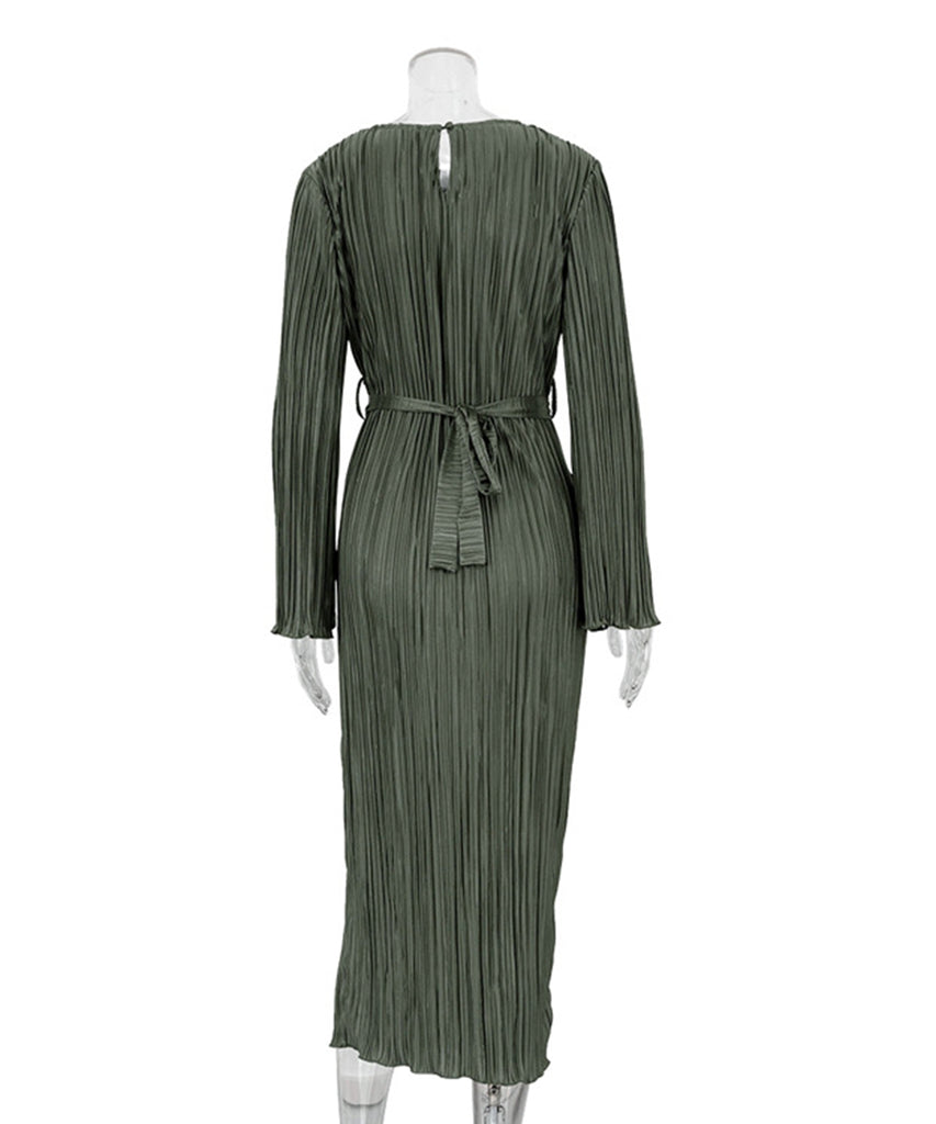 Elegant Lace-Up Pleated Flared Dress with Long Sleeves