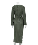 Elegant Lace-Up Pleated Flared Dress with Long Sleeves