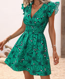 V-Neck Waist Sexy Big Flower Ruffled Sleeveless Dress Delight