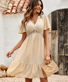 Solid Color V-Neck Dress With Lotus Sleeves for Effortless Style