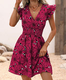 V-Neck Waist Sexy Big Flower Ruffled Sleeveless Dress Delight
