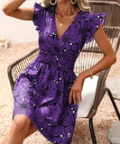 V-Neck Waist Sexy Big Flower Ruffled Sleeveless Dress Delight