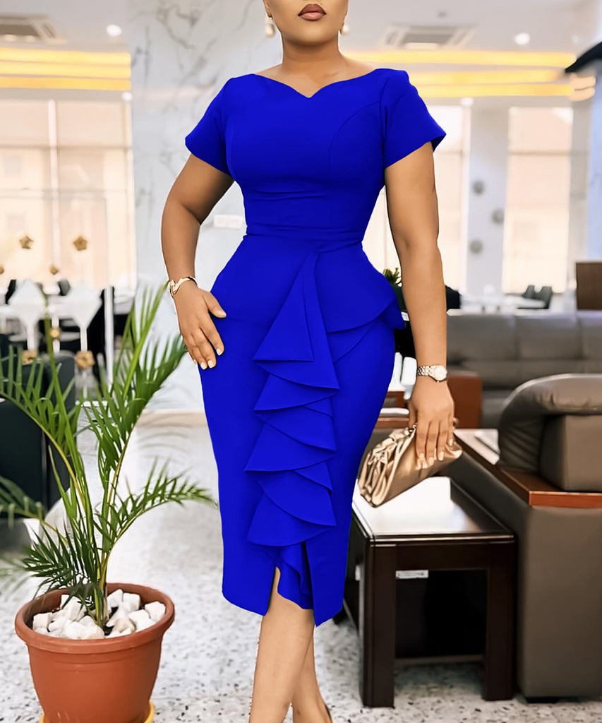 Chic Short Sleeved Solid Color Dress With Hip Ruffles Magic