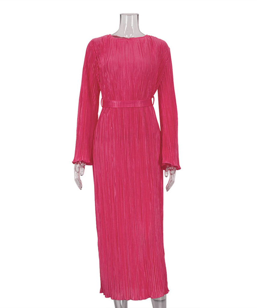 Elegant Lace-Up Pleated Flared Dress with Long Sleeves