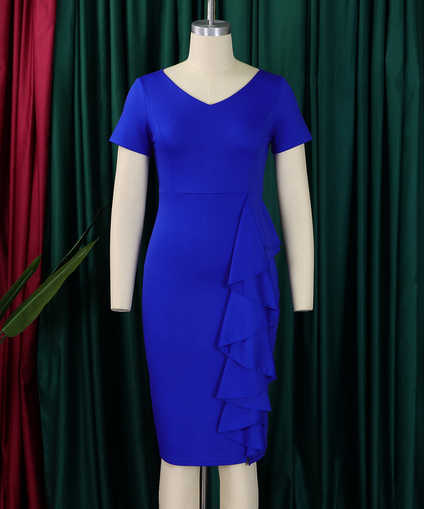 Chic Short Sleeved Solid Color Dress With Hip Ruffles Magic